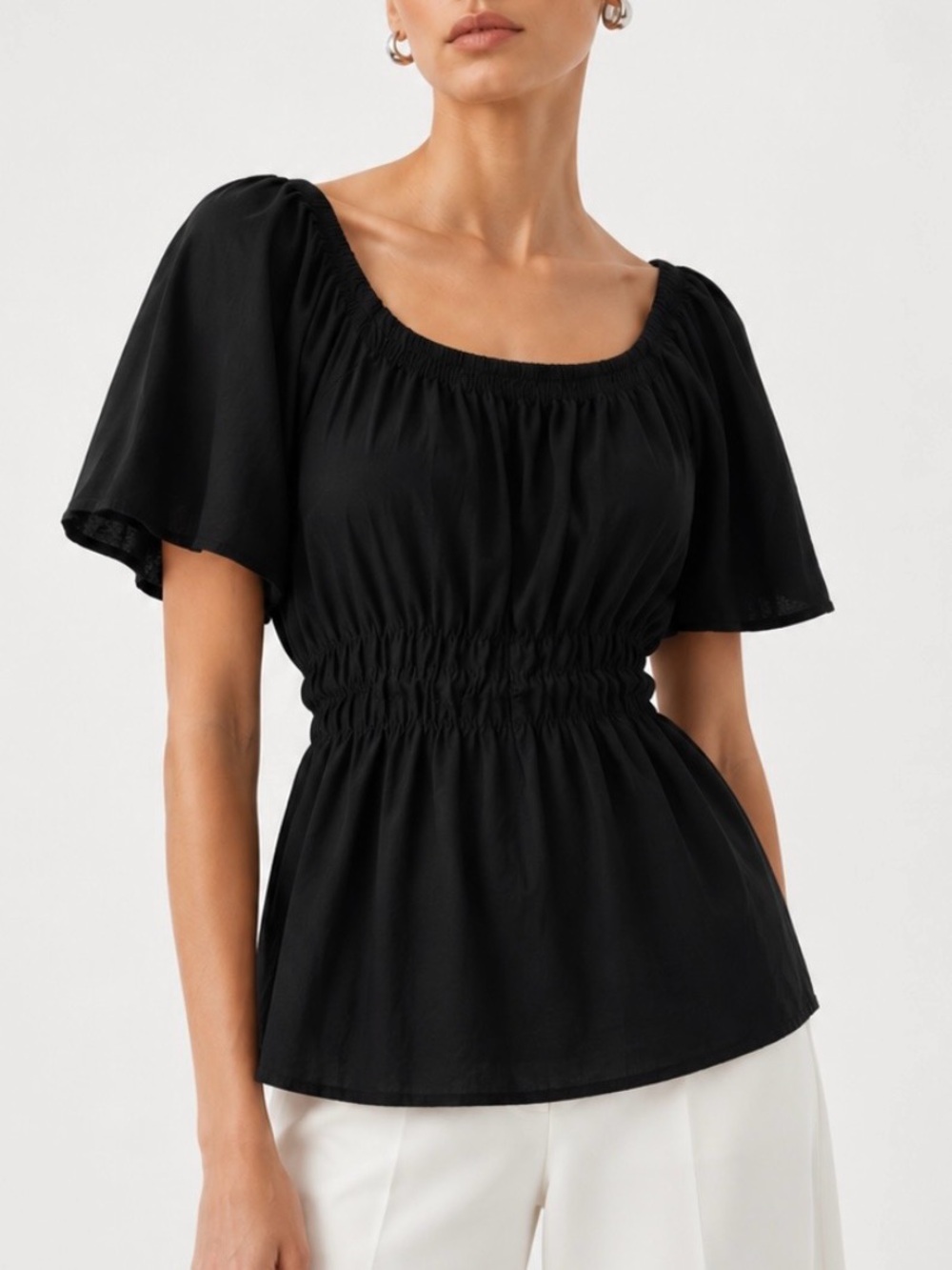 EVERLANE Minimalist Linen Smocked Waist Square-Neck Black Top Size Large